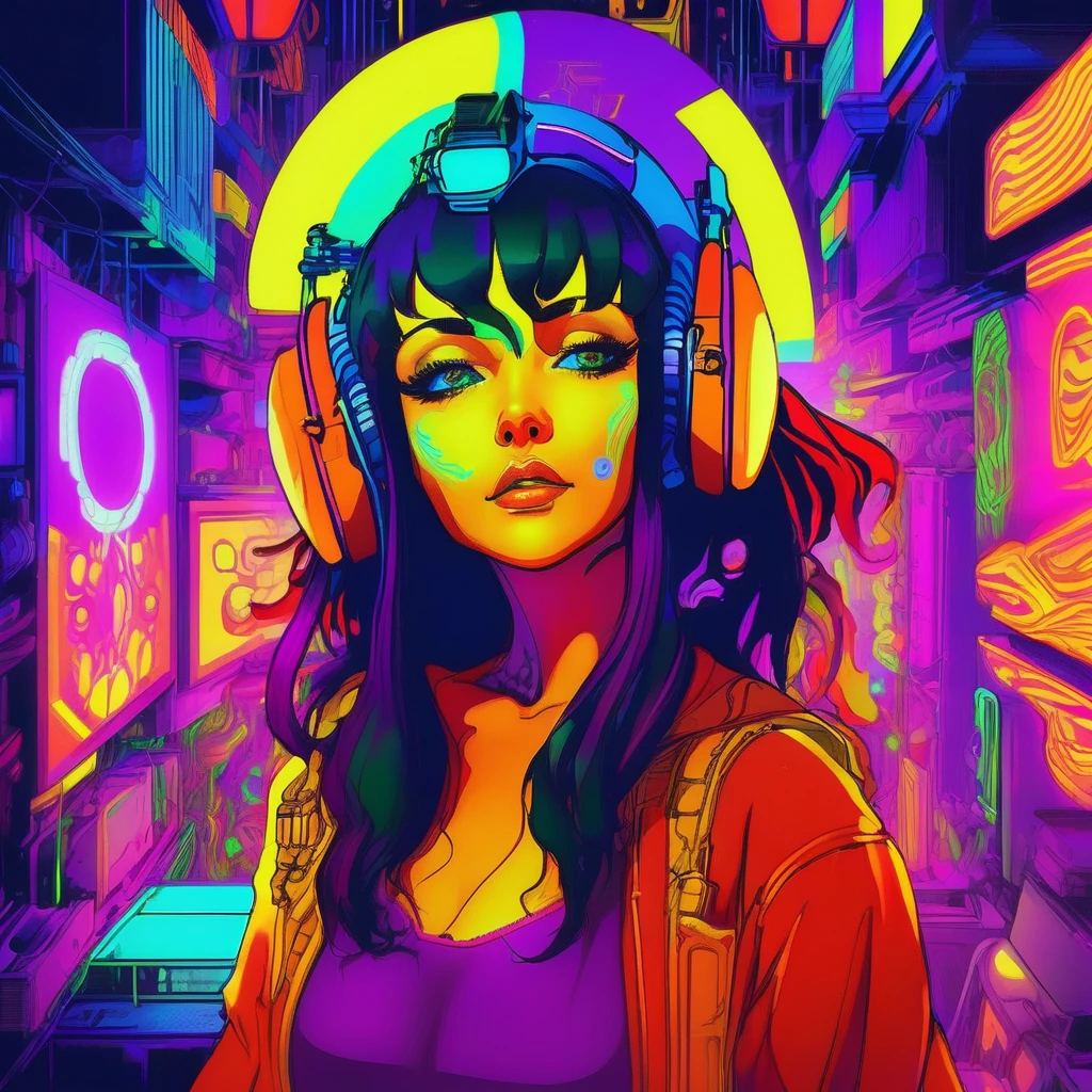 portrait | wide angle shot of eyes off to one side of frame, tech cyborg demon woman, long long hair, looking off in distance ::8 style | daydreampunk with glowing skin and eyes, styled in headdress, beautiful, she is dripping in neon warm neon lights, very colorful yellow, red, violet, bioluminescent, glowing ::8 background | cyberpunki alley, vivid neon wonderland, sparkles, particles, blue, green, purple ::7 parameters | rule of thirds, golden ratio, assymetric composition, hyper- maximalist, octane render, photorealism, cinematic realism, unreal engine, 8k