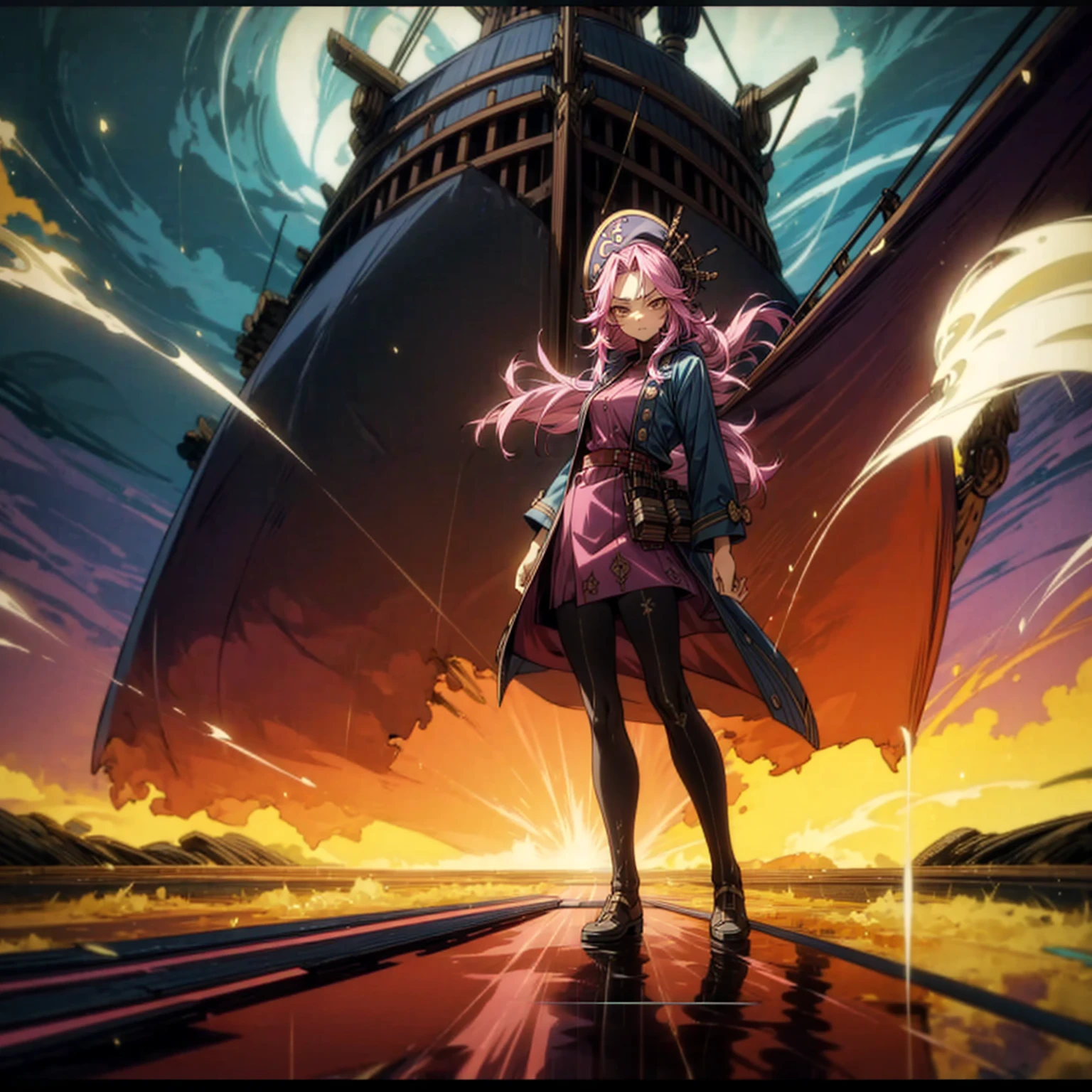 1girl, Full body version, 1character, adult girl version, gold eyes color, long haircut, pink colour hair, queen style clothing, blue colour clothing, pirate hat, sword in hand, Grassroots, background in Pirate Ship, motion blur, (Hunter x Hunter style), standing gesture, (low angle view) , aura effect, lighting aura, smoke effect, lighting sun, sun, plasma effect, aura body, 