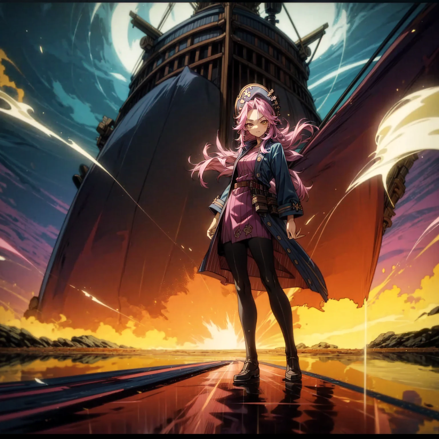 1girl, Full body version, 1character, adult girl version, gold eyes color, long haircut, pink colour hair, queen style clothing, blue colour clothing, pirate hat, sword in hand, Grassroots, background in Pirate Ship, motion blur, (Hunter x Hunter style), standing gesture, (low angle view) , aura effect, lighting aura, smoke effect, lighting sun, sun, plasma effect, aura body, 