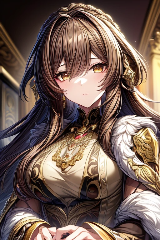 (masterpiece, best quality, perfect face, expressive eyes), 1girl, (anime), (adult), long brown hair, yellow eyes, gold jewelry, gold earrings, brown fur jacket, gold accents, intricate details, 