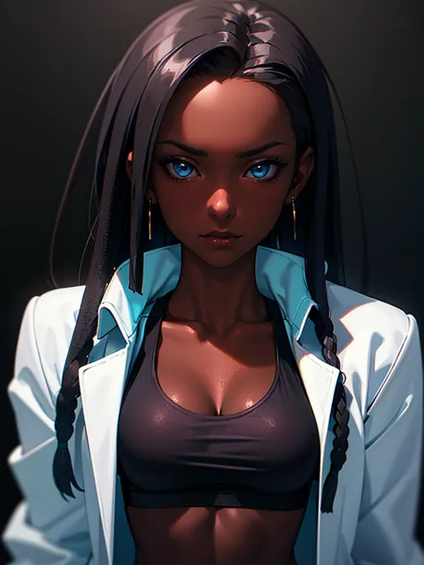 ((portrait photo)), she has an athletic and slender appearance, with a strong build, dark skin and relaxed aura. she expresses a...