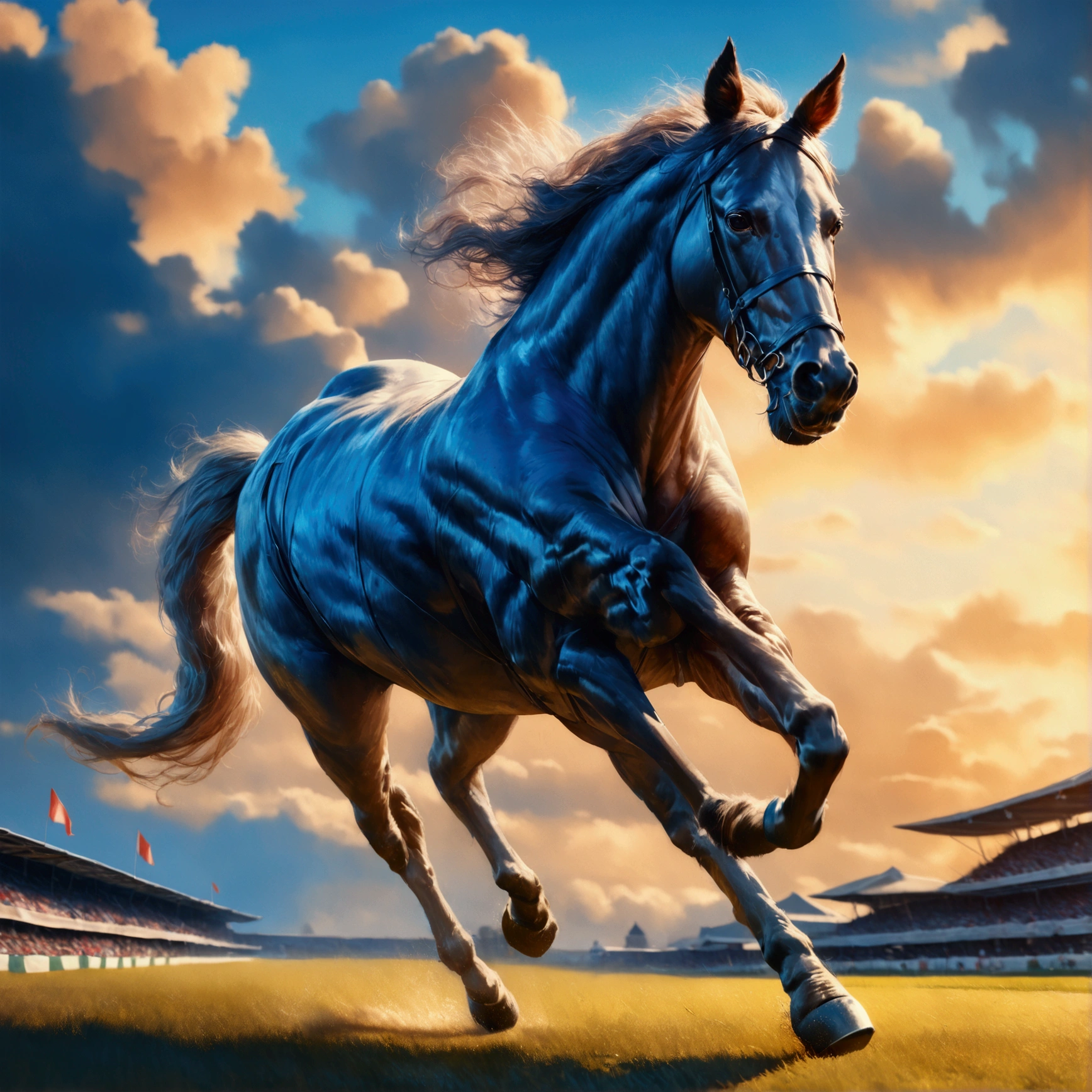 A majestic horse galloping freely on a race course, its powerful muscles rippling beneath a coat of silky hair, (best quality,4k,8k,highres,masterpiece:1.2),ultra-detailed,(realistic,photorealistic,photo-realistic:1.37),dramatic lighting,cinematic composition,highly detailed equine anatomy,dynamic motion blur,stunning realism,beautiful natural landscape,race course,cloudy sky,depth of field