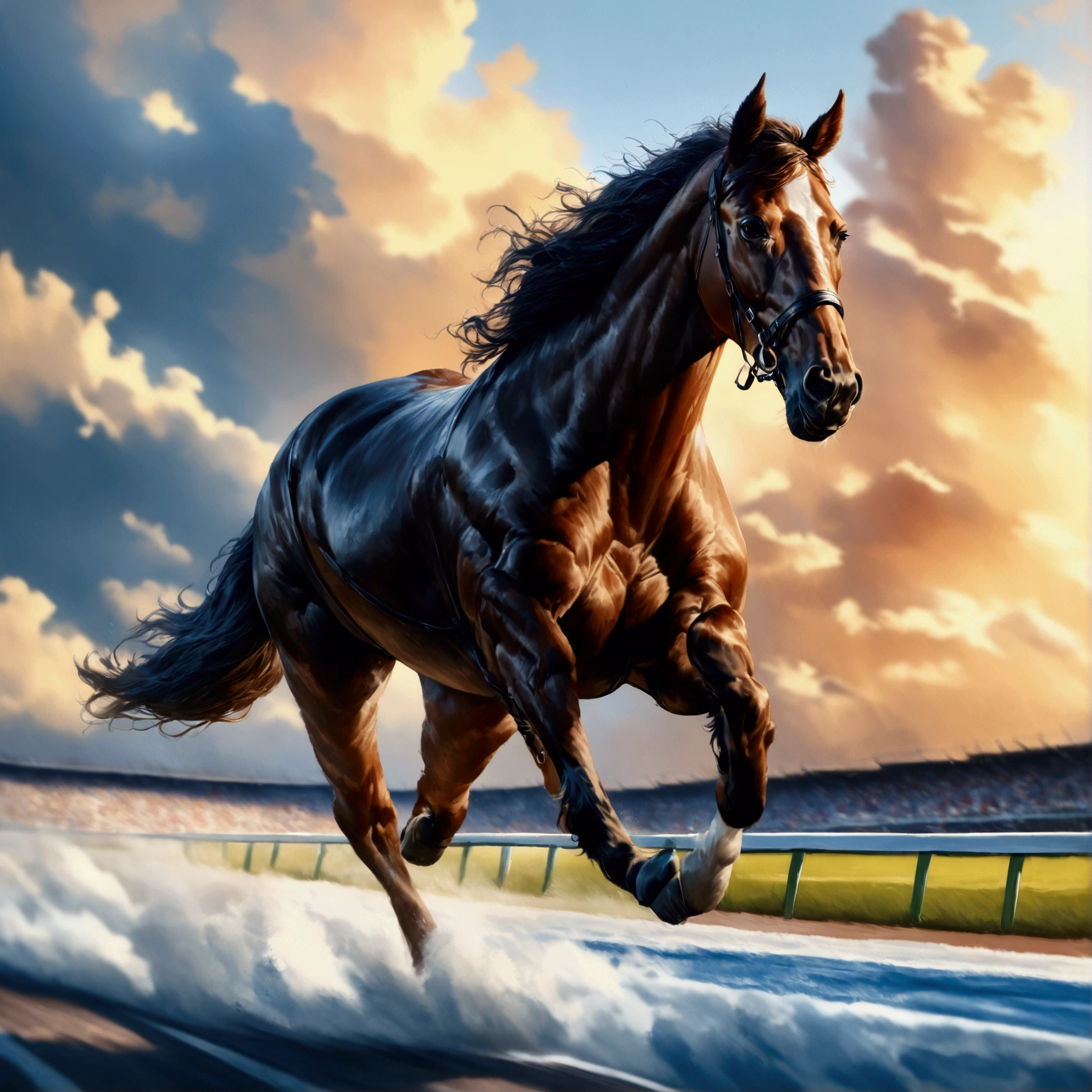 A majestic horse galloping freely on a race course, its powerful muscles rippling beneath a coat of silky hair, (best quality,4k,8k,highres,masterpiece:1.2),ultra-detailed,(realistic,photorealistic,photo-realistic:1.37),dramatic lighting,cinematic composition,highly detailed equine anatomy,dynamic motion blur,stunning realism,beautiful natural landscape,race course,cloudy sky,depth of field