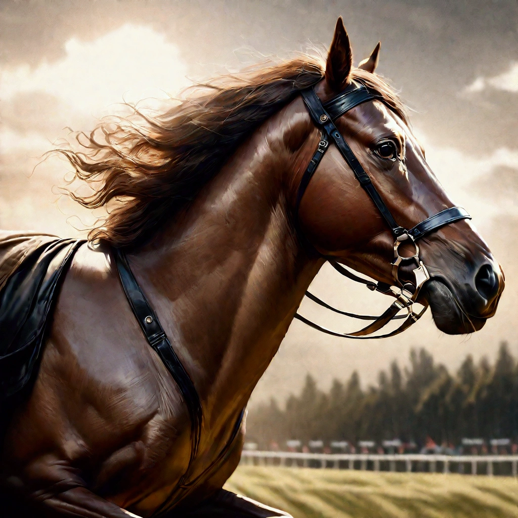 A majestic horse galloping freely on a race course, its powerful muscles rippling beneath a coat of silky hair, (best quality,4k,8k,highres,masterpiece:1.2),ultra-detailed,(realistic,photorealistic,photo-realistic:1.37),dramatic lighting,cinematic composition,highly detailed equine anatomy,dynamic motion blur,stunning realism,beautiful natural landscape,race course,cloudy sky,depth of field