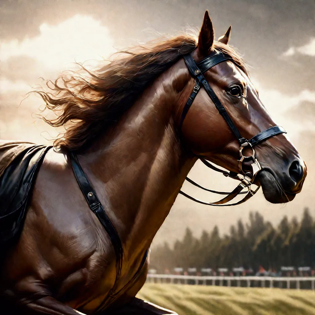 a majestic horse galloping freely on a race course, its powerful muscles rippling beneath a coat of silky hair, (best quality,4k...