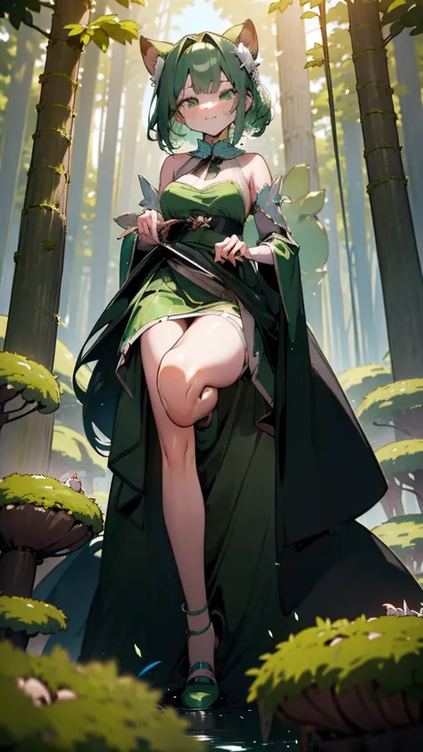 in an enchanted forest, a giantess in a flowing green dress walks among the trees. her presence causes the animals to scatter an...