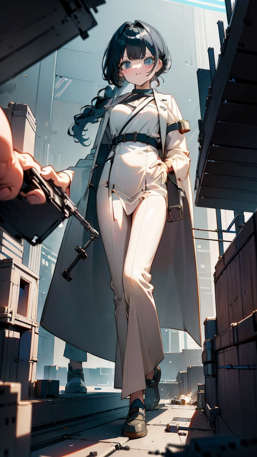 A giantess in a white lab coat towers over a tiny laboratory. Her curious gaze falls upon the miniature scientists below, who scramble to get out of her way. She leans down, her massive fingers delicately picking up a tiny test tube for closer inspection.

