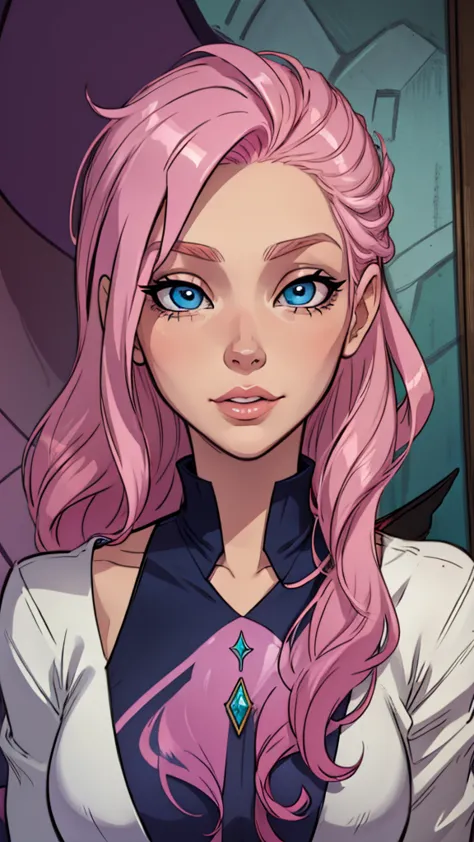 best qualityer, face portrait, work of art, seraphine, pink  hair, blue colored eyes