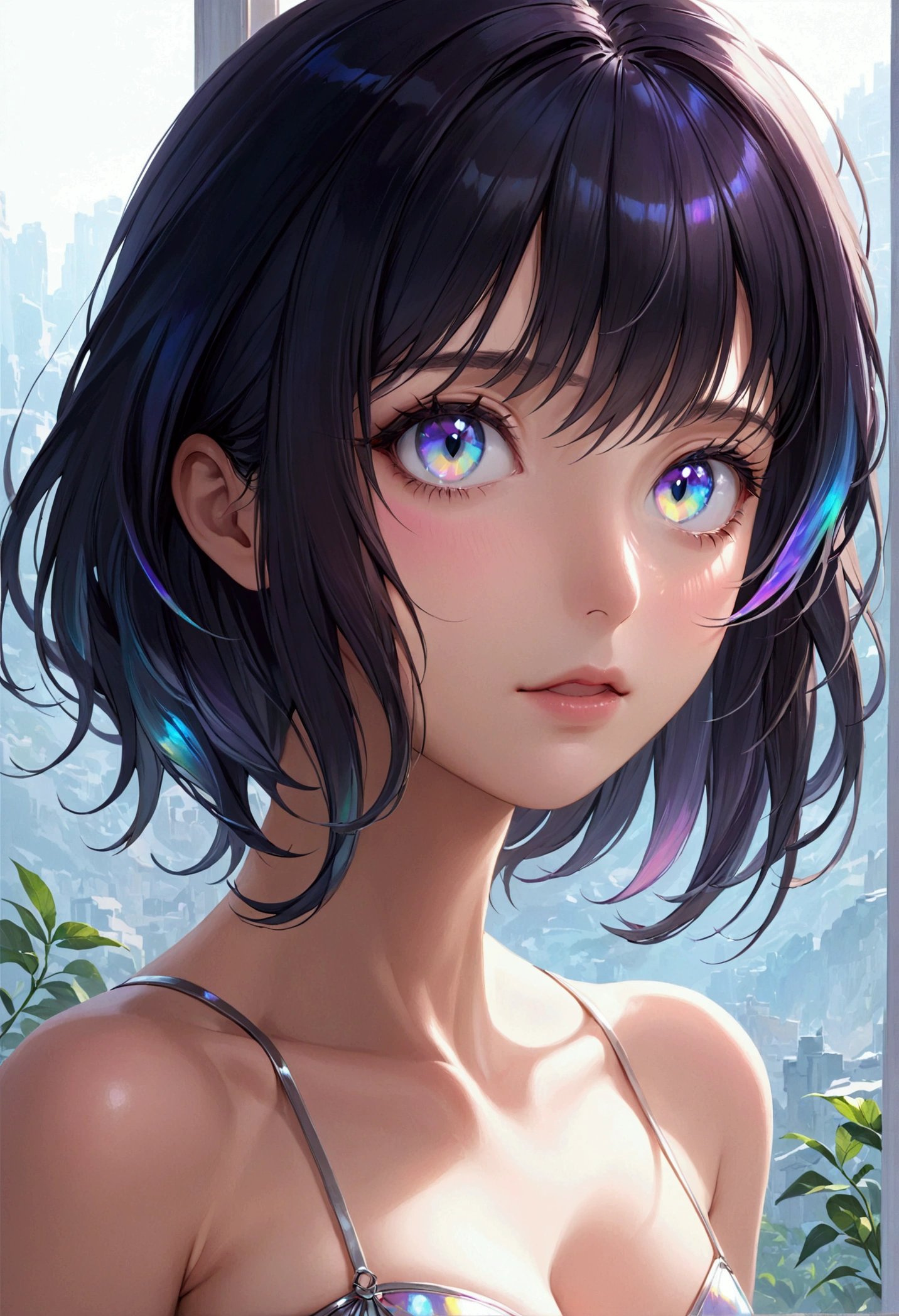 (masterpiece), best quality, expressive eyes, perfect face, Girl,long dark iridescent hair, iridescent eyes, small waist, medium chest, large thighs