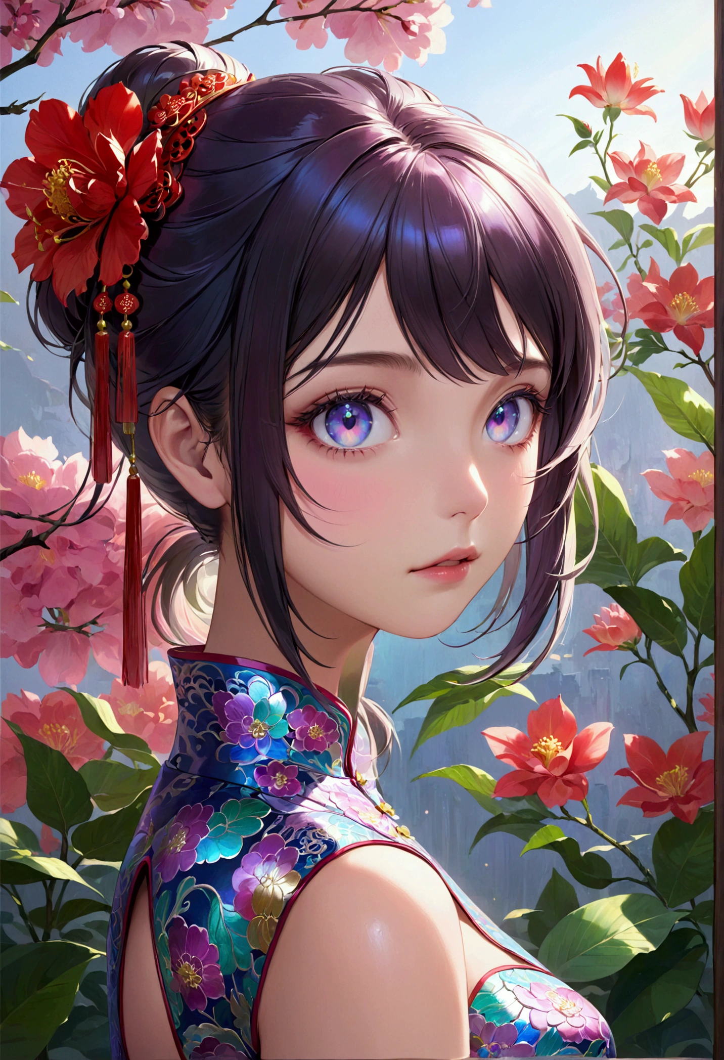 (masterpiece), best quality, expressive eyes, perfect face, Girl,long dark iridescent hair, iridescent eyes, small waist, medium chest, large thighs, cheongsam, 