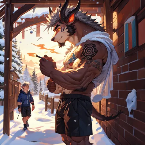 (masterpiece, best quality:1.2),final fantasy behemoth teen boy, winter, body covered in light brown fur, furry style, muscle fl...