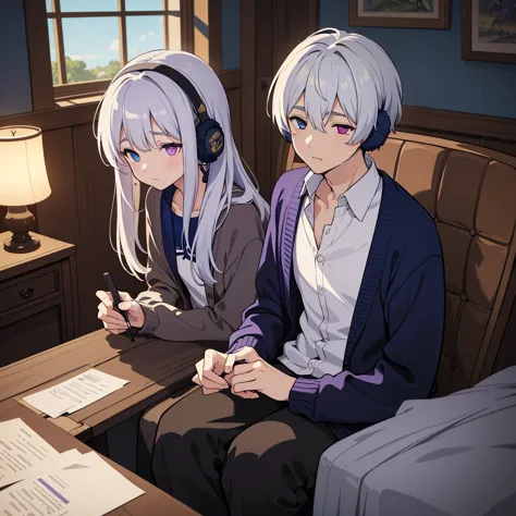 One male with heterochromia(Navy blue and purple eyes), Silvery white hair, Wearing a white shirt, Black cardigan, pants, Earmuf...