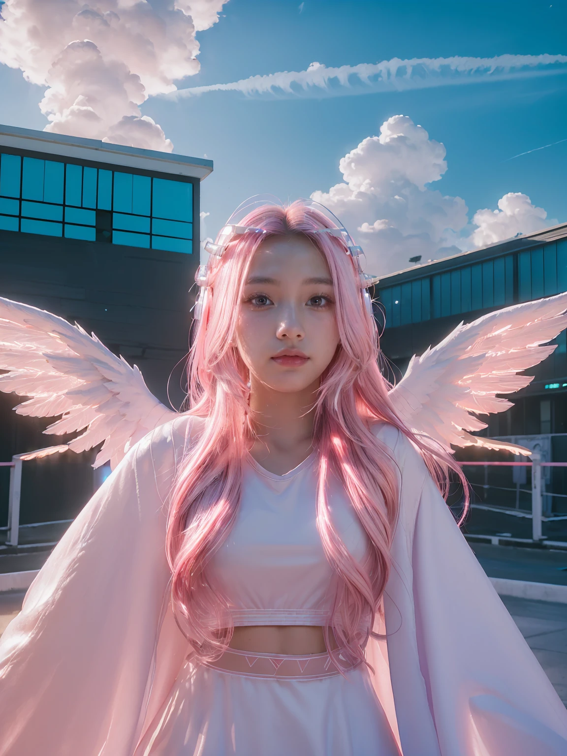 ((masterpiece, best quality, Very detailed), Volumetric lighting, Ambient Occlusion, rich and colorful, luminescent), 
1 girl, alone, Young girls, (Pink hair), long hair, halo, Halo, sacred, goddess, Network Package, (White clothing:1.3), Android, robot, Angel Wings,
outdoor, Sunset, Sky, cloud, space, (Cyberpunk theme:1.2),