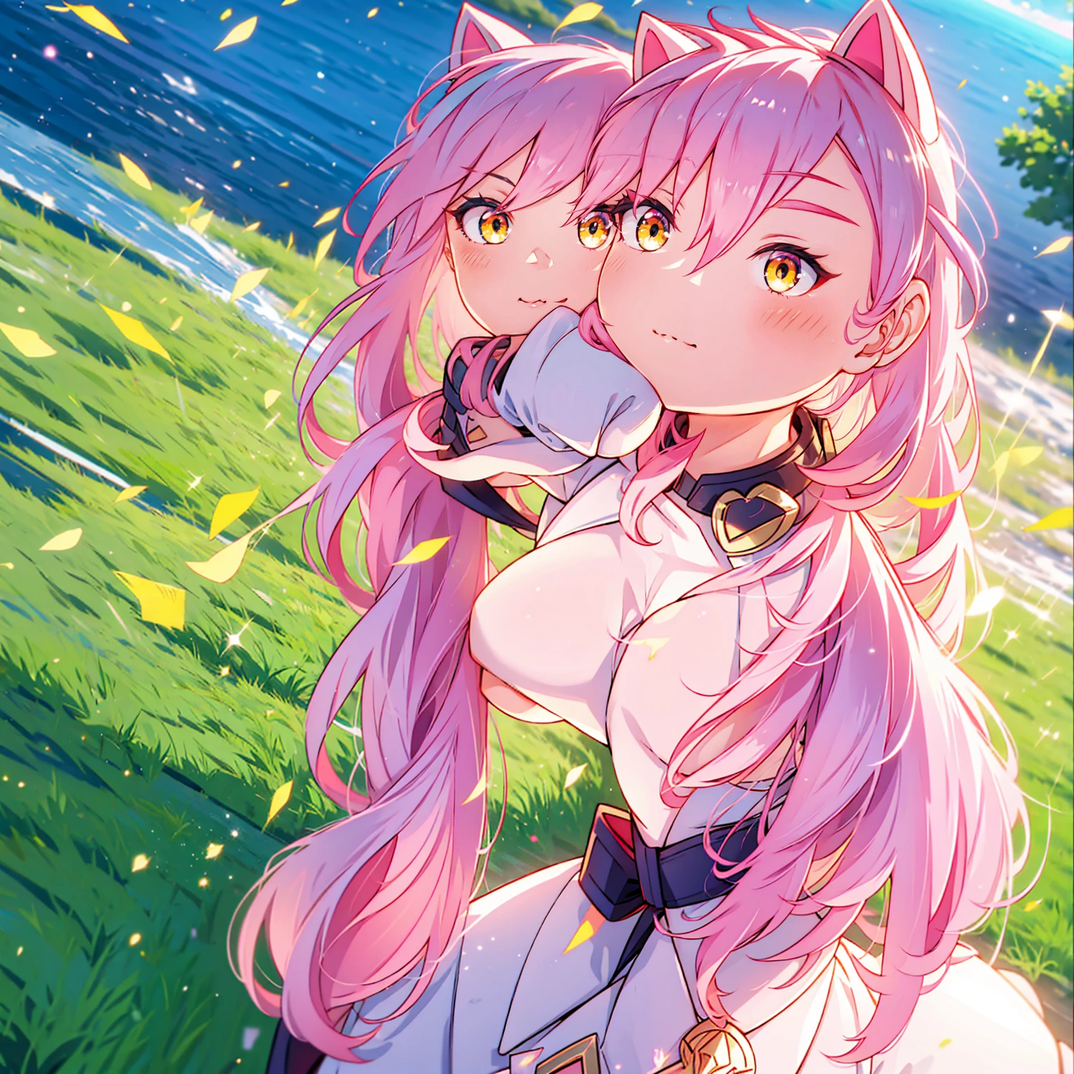 An anime girl with cat ears. Fake cat ears, and the cat ears are framed in gold on the head, long pink hair, very long hair, bright pink hair, white miniskirt with gold belt, She wears white gloves on her hands, pinker BH pinker Tanger, around the neck a golden collar, View to the viewer, 
sexly, large , tight juicy ass, elongated yellow eyes with pink fragments, cute face",,