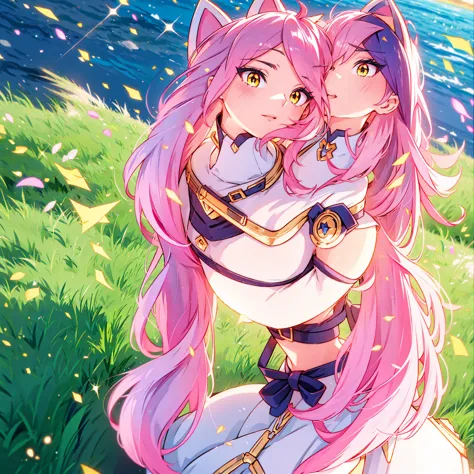 An anime girl with cat ears. Fake cat ears, and the cat ears are framed in gold on the head, long pink hair, very long hair, bri...