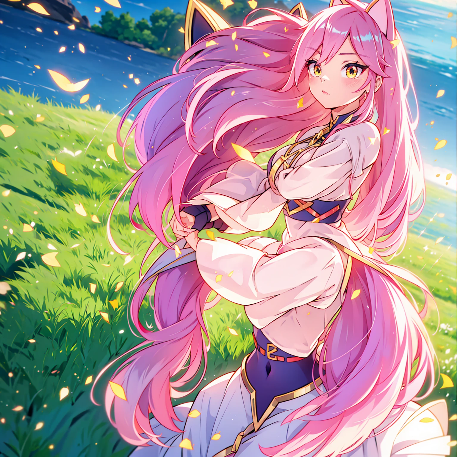 An anime girl with cat ears. Fake cat ears, and the cat ears are framed in gold on the head, long pink hair, very long hair, bright pink hair, white miniskirt with gold belt, She wears white gloves on her hands, pinker BH pinker Tanger, around the neck a golden collar, View to the viewer, 
sexly, large , tight juicy ass, elongated yellow eyes with pink fragments, cute face",,