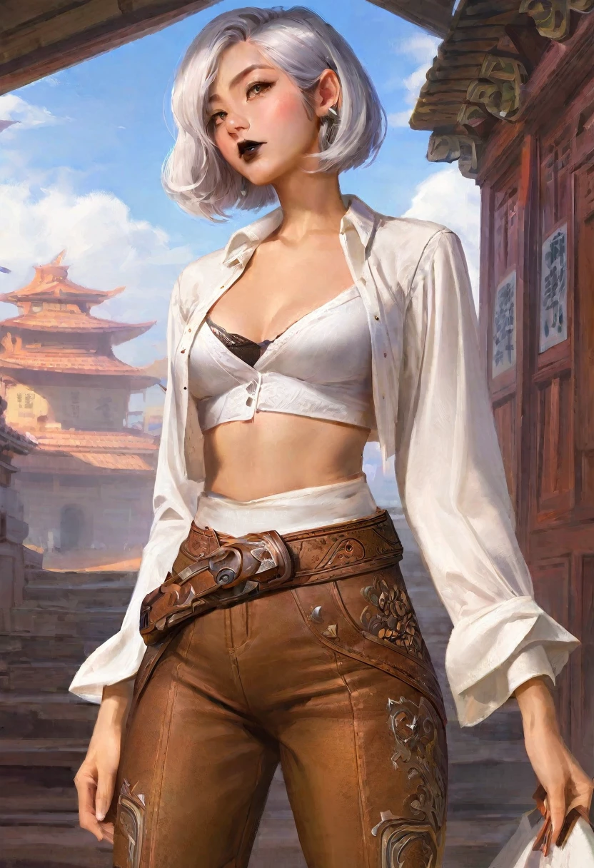 score_9, score_8_up, score_7_up, score_6_up, score_5_up, score_4_up, BREAK best aesthetic, artstation, solo, 1girl, Asian female, cowgirl outfit, cleavage, white shirt, brown pants, tattoos, bob cut, white hair, black lipstick, lovely, masterpiece.
