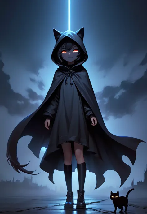 8K Ultra High-Quality, ultra-detailed, High quality, Cloaked Figure: Dark silhouette of a hooded small girl, Dark cape flowing i...