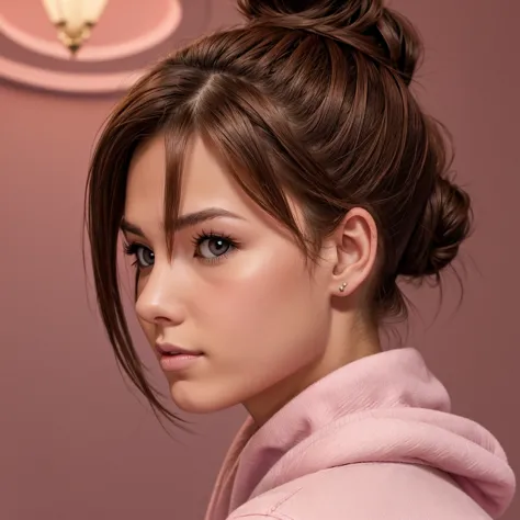 Youngh, 23 year old, pink eyes, Light brown bun hair, profile pic, serious