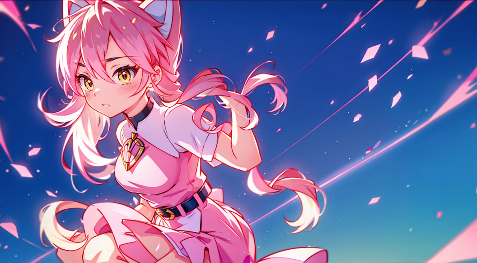 An anime girl with cat ears. Fake cat ears, and the cat ears are framed in gold on the head, long pink hair, very long hair, bright pink hair, white miniskirt with gold belt, She wears white gloves on her hands, pinker BH pinker Tanger, around the neck a golden collar, View to the viewer, 
sexly, large , tight juicy ass, elongated yellow eyes with pink fragments, cute face",,