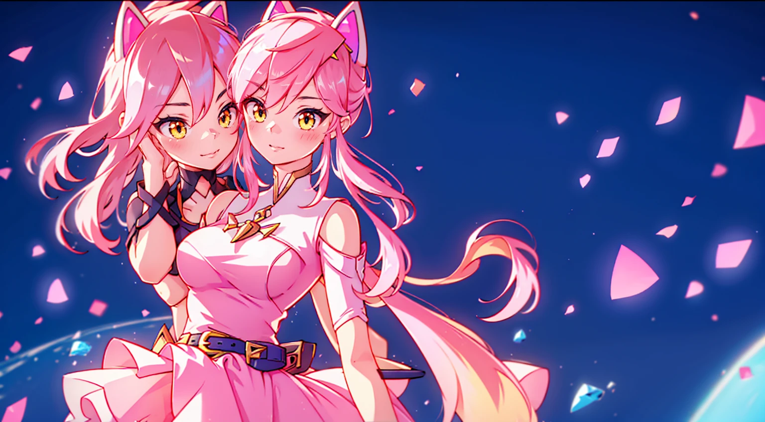 Ein Anime-Mädchen mit Katzenohren. Gefälschte Katzenohren, und die Katzenohren sind in Gold auf dem Kopf eingefasst, lange rosa Haare, Sehr langes Haar, leuchtend pinke Haare, weißer Minirock mit goldenem Gürtel, Sie trägt weiße Handschuhe an den Händen, pinker BH pinker Tanger, um den Hals ein goldenes Halsband, Blick auf den Betrachter, 
sexy, groß , enger saftiger Arsch, längliche gelbe Augen mit rosa Fragmenten, niedliches Gesicht",,