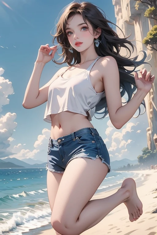 (Highest quality、masterpiece、High resolution、8K)、Vibrant colors、Young and beautiful woman 1、whole body、(Detailed face、Beautiful Eyes、Beautiful nose、Pretty lips)、Black and brown short bob、White tank top and shorts、barefoot、Jump High、Ride along the sandy beach、Surprised Smile、Official Art、The background is the sea、blue sky、Wide sandy beach、Wide forest、White waves and sandy beach、White Entrance Cloud、