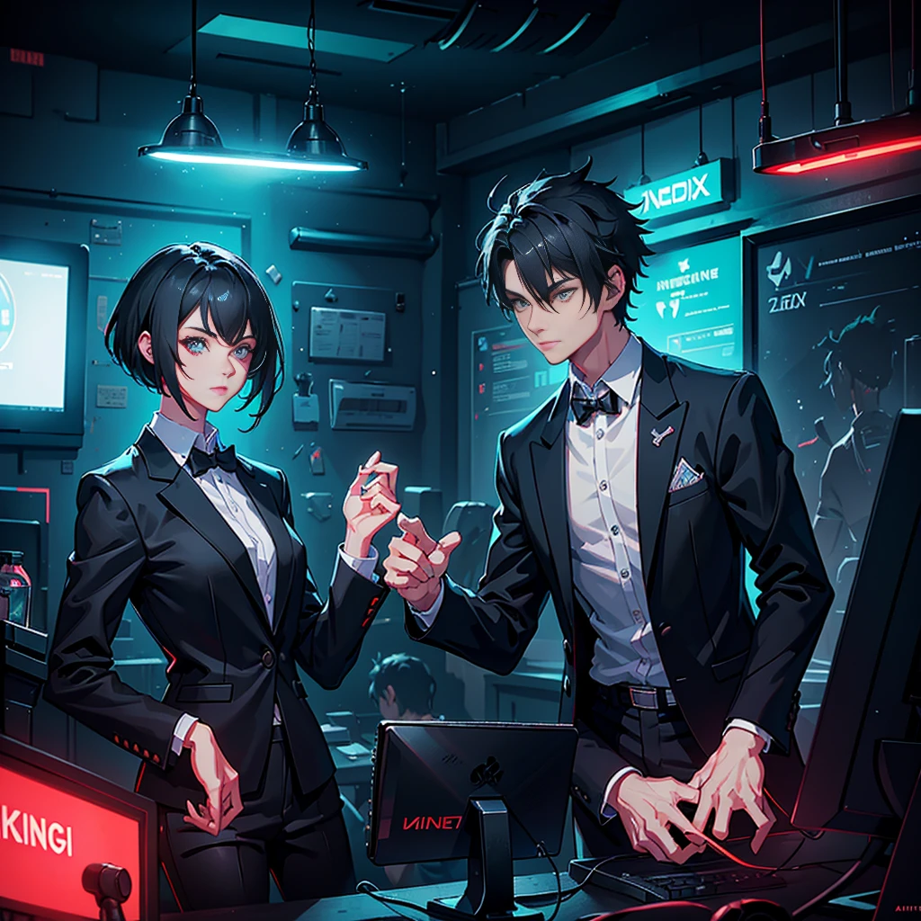 Digital painting: 20-year-old black-haired guy with a strong jawline in a , opposite a flirty girl with a grey pixie cut in a school blazer. Both in a gaming cafe with neon-lit controllers. Detailed, dynamic, wide-angle, HDR, Artstation.