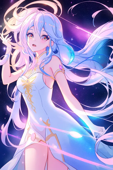 beautiful anime girl in white princess ball gown, vibrant pastel colors, (colorful), magical lights, golden long hair made of li...