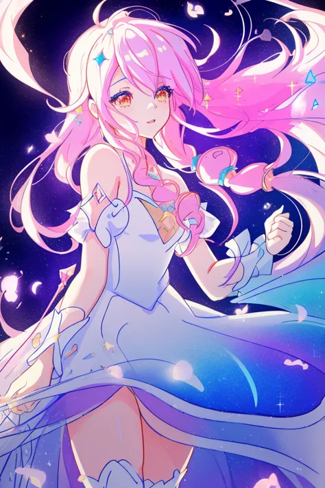 beautiful anime girl in white princess ball gown, vibrant pastel colors, (colorful), magical lights, golden long hair made of li...