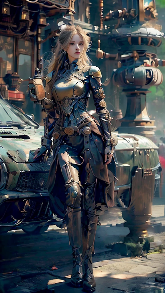 ((best quality)), ((masterpiece)), (detailed), 1 girl, whole body，Standing，Girl，Long blond hair，Green Eyes，Wearing grey steampunk armor，Holding a long sword，Background is the ruins of the city。