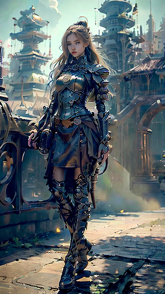 ((最好的质量)), ((杰作)), (详细的), 1 名女孩, 全身，常设，女孩，金色长发，绿眼睛，穿着灰色蒸汽朋克盔甲，拿着长剑，背景是城市的废墟。