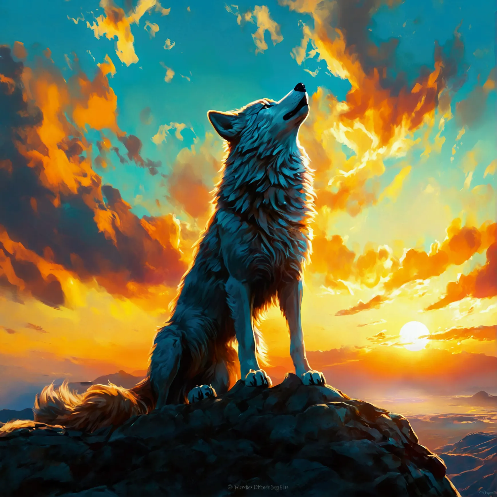 a fierce alpha wolf standing proudly on a cliff, dramatic sunset sky, cinematic lighting, highly detailed, 8k, photorealistic, a...