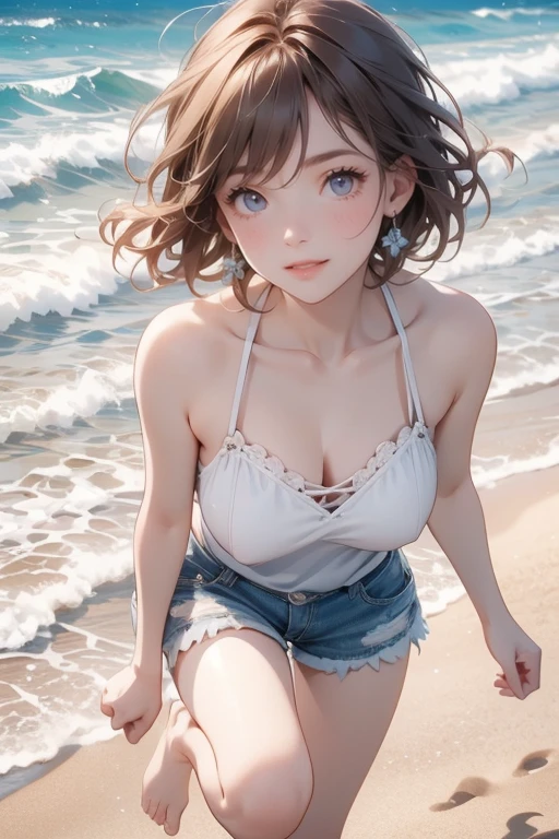 (Highest quality、masterpiece、High resolution、8K)、Vibrant colors、Young and beautiful woman 1、whole body、(Detailed face、Beautiful Eyes、Beautiful nose、Pretty lips)、Black and brown short bob、White tank top and shorts、barefoot、Jump High、Ride along the sandy beach、Surprised Smile、Official Art、The background is the sea、blue sky、Wide sandy beach、Wide forest、White waves and sandy beach、White Entrance Cloud、