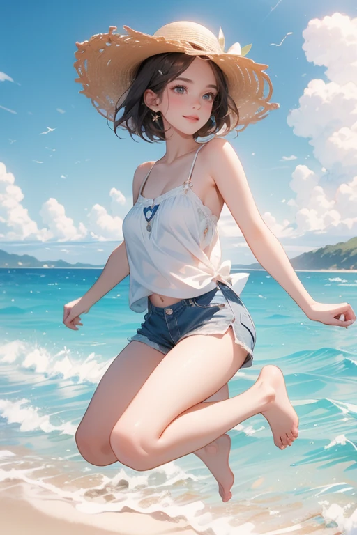 (Highest quality、masterpiece、High resolution、8K)、Vibrant colors、Young and beautiful woman 1、whole body、(Detailed face、Beautiful Eyes、Beautiful nose、Pretty lips)、Black and brown short bob、White tank top and shorts、barefoot、Jump High、Ride along the sandy beach、Surprised Smile、Official Art、The background is the sea、blue sky、Wide sandy beach、Wide forest、White waves and sandy beach、White Entrance Cloud、