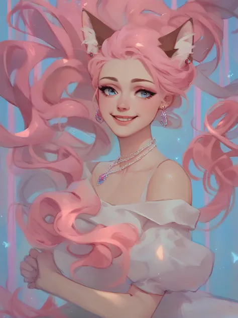 cat ear、pink hair、smile,smooth hair, long earrings, oversized sapphire necklace,elsa&#39;s white dress ,上per body,straight long ...