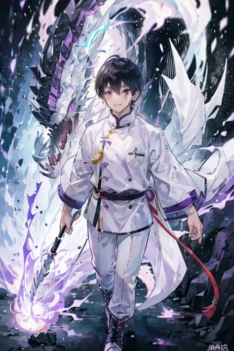 muscular man, alone, white windbreaker, white trousers, gray hair, black hair, japanese-looking man, dragon horn, purple militar...