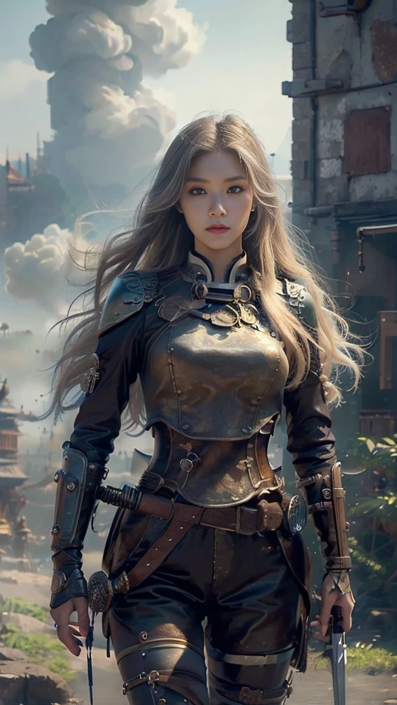 ((最好的质量)), ((杰作)), (详细的), 1 名女孩, 亚洲面孔，全身，常设，女孩，金色长发，绿眼睛，穿着灰色蒸汽朋克盔甲，拿着长剑，背景是城市的废墟。