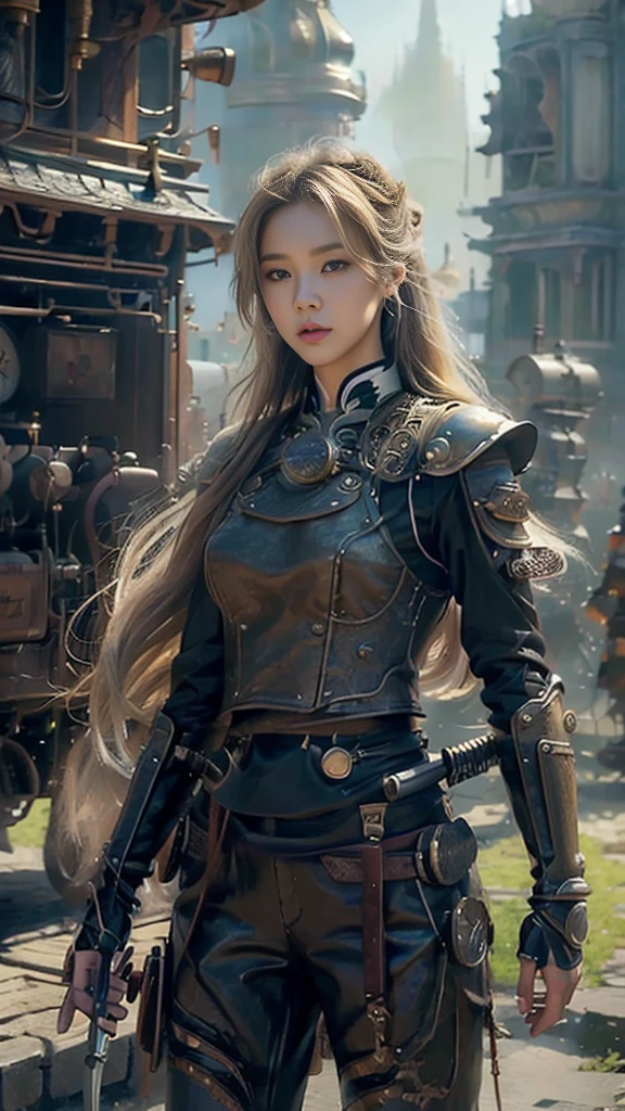 ((best quality)), ((masterpiece)), (detailed), 1 girl, Asian Face，whole body，Standing，Girl，Long blond hair，Green Eyes，Wearing grey steampunk armor，Holding a long sword，Background is the ruins of the city。