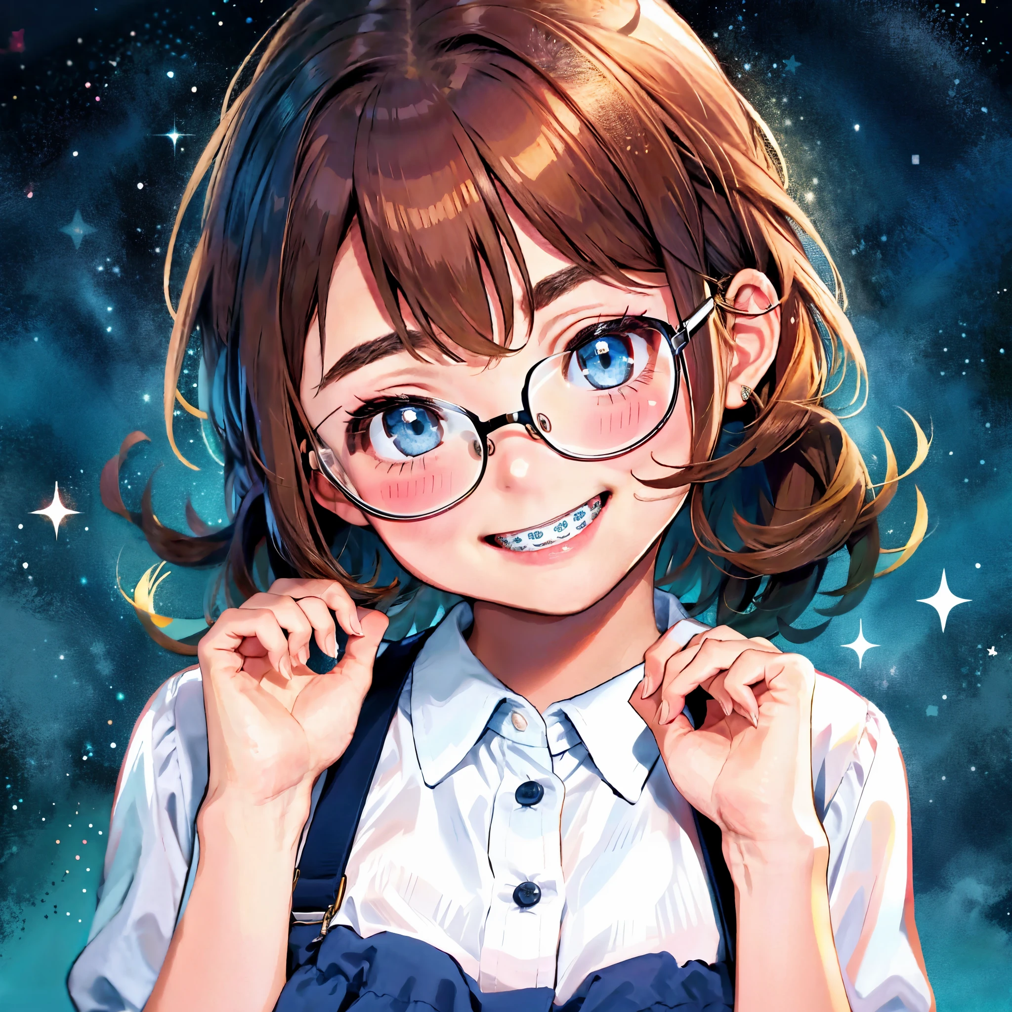 1girl, seductive eyes, braces, glasses, smiling, cute, face focus, blue eyes, blush, brown hair, best quality, masterpiece, highres