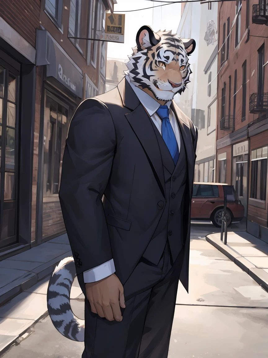 白老虎,金色图案,左眼上有疤痕，左瞳孔是黑色的，右眼瞳孔,站在街上，套装，温柔的微笑