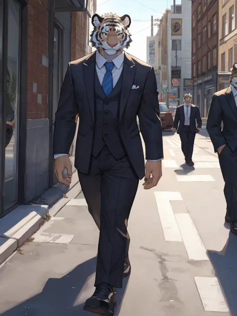 White Tiger,Gold Texture,Scar on left eye，The left pupil is black，Right eye pupil,Suit，Walking on the street