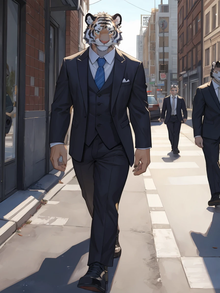 White Tiger,Gold Texture,Scar on left eye，The left pupil is black，Right eye pupil,Suit，Walking on the street