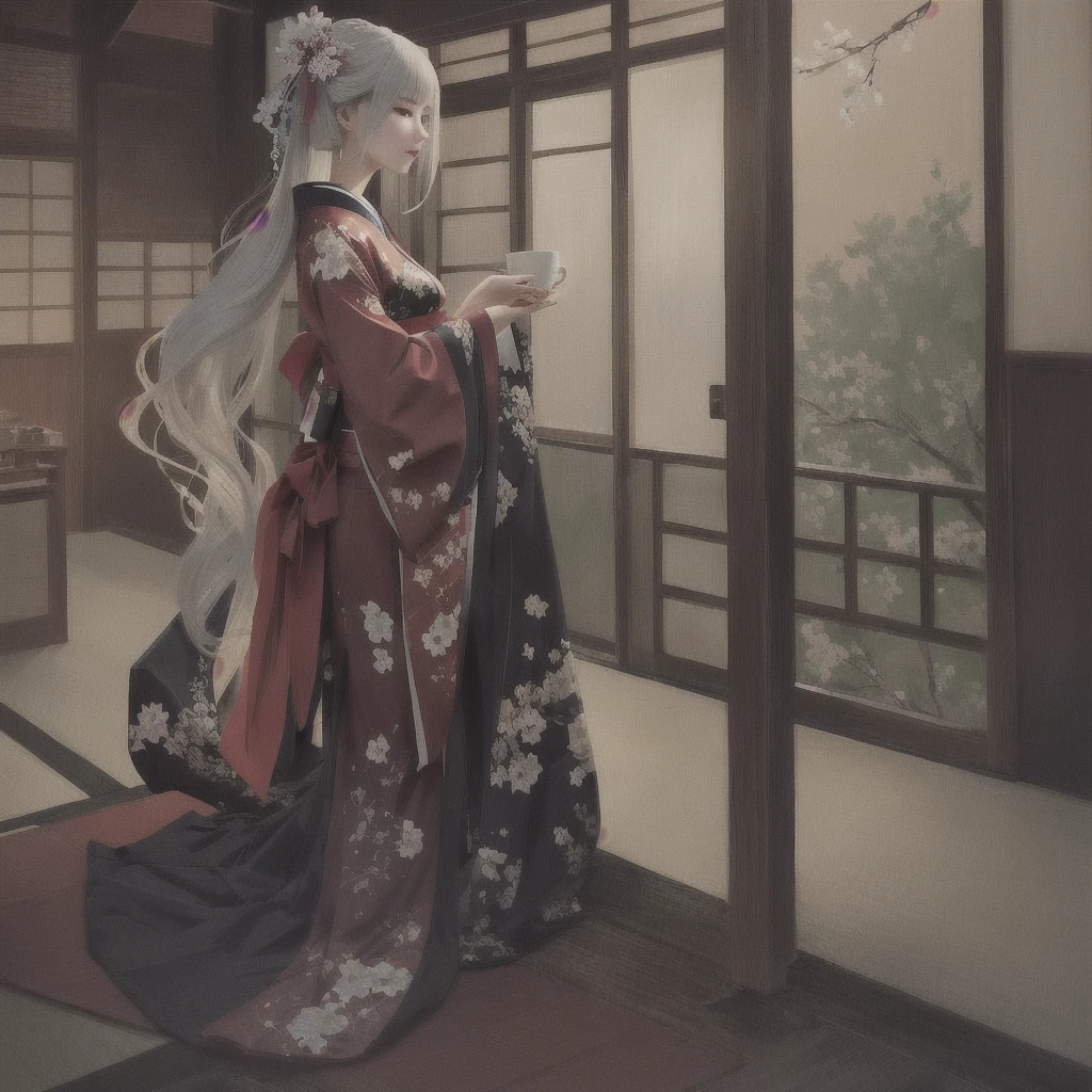 anime - style woman ในชุดกิโมโน outfit holding a cup of coffee, กวาอิซ on pixiv artstation, กวาอิซ on artstation pixiv, artwork in the style of กวาอิซ, กวาอิซ, พระราชวัง ， หญิงสาวในชุดฮันฟู, กวาอิซ masterpiece, ศิลปะดิจิตอลบน pixiv, กำลังมาแรงใน artstation pixiv, ในชุดกิโมโน