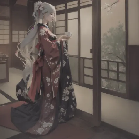 anime - style woman In kimono outfit holding a cup of coffee, Gwaiz on pixiv artstation, Gwaiz on artstation pixiv, artwork in t...