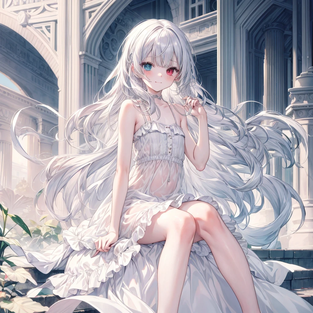 ((Highest quality)), ((masterpiece)), ((detailed)), 1, ghost girl, 独奏, , pale skin, silver hair, long hair, flat chest, sundress, heterochromia, (sad smile), toes are transparent, face focus