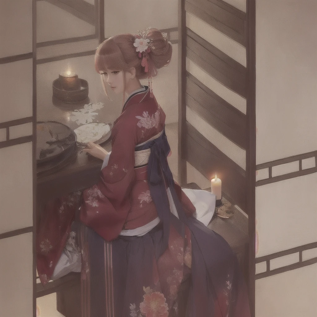 穿着和服的动漫女孩坐在桌旁，桌上有一支蜡烛, 格瓦伊兹, artwork in the style of 格瓦伊兹, 格瓦伊兹 on pixiv artstation, zerochan 艺术, 格瓦伊兹 on artstation pixiv, digital art on pixiv, pixiv, pixiv contest winner, 通过石墨, 宫 ， 穿汉服的女孩