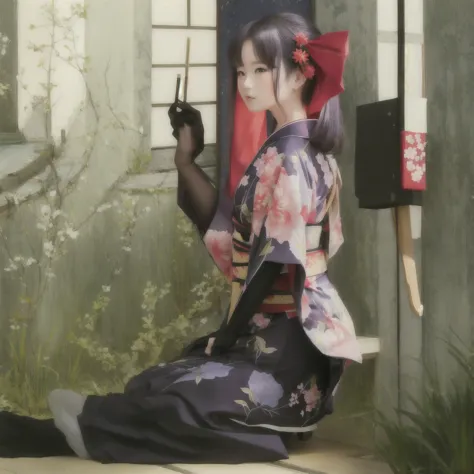 anime girl in kimono outfit sitting on floor with umbrella, in a kimono, in kimono, Anime girl crouching, wearing kimono armor, ...