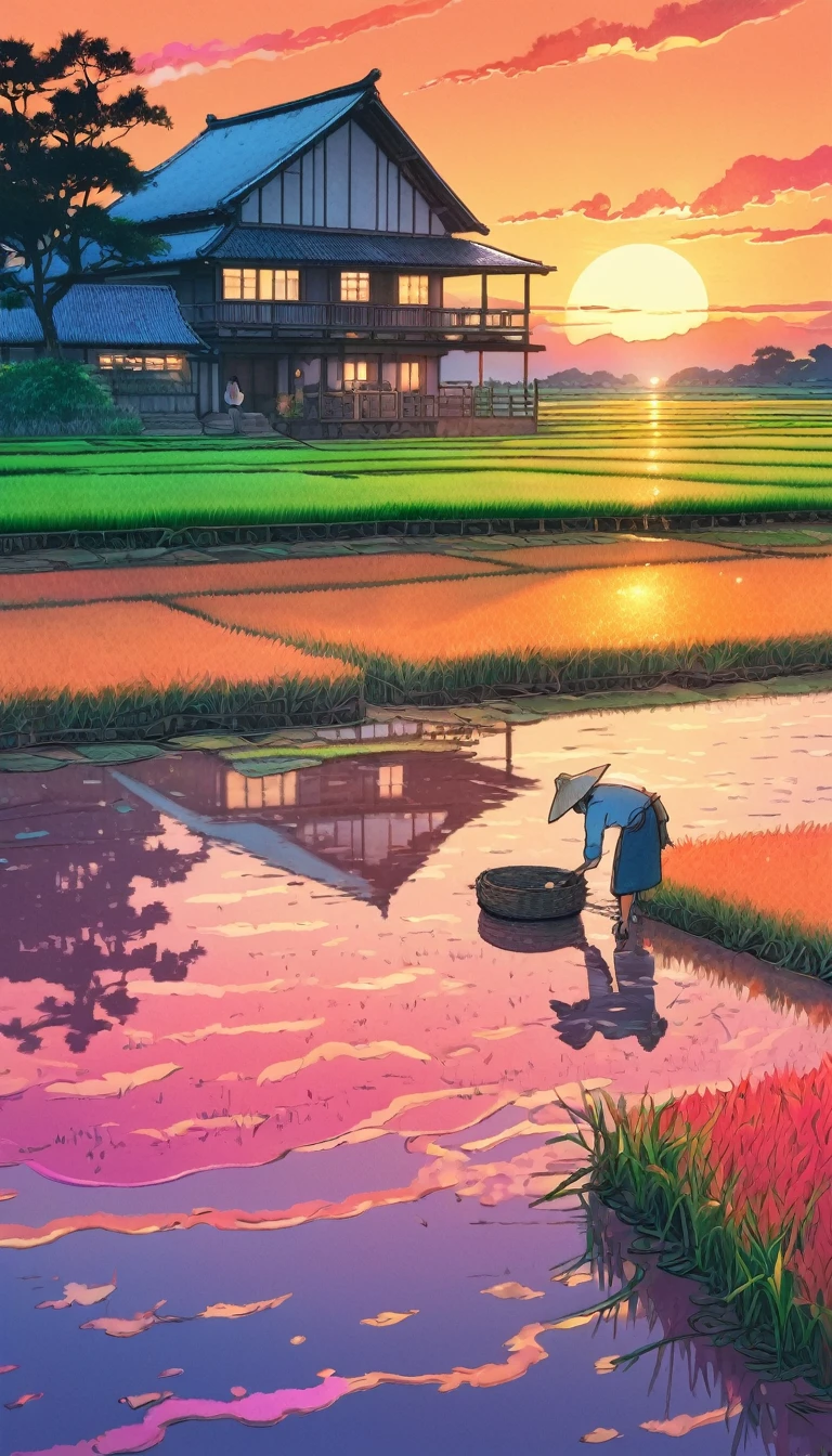 Ilustração digital, No vibrante pôr do sol、Agricultor cuidando de um campo de arroz, O céu rosa e laranja se reflete no terraço inundado, Estilo de arte: aquarela, Inspiração Artística: Estúdio Ghibli, Câmera: 35mm, tomada: ミディアムtomada, Informações relacionadas à renderização: Alta resolução, luz suave, respingo de cor, lindo