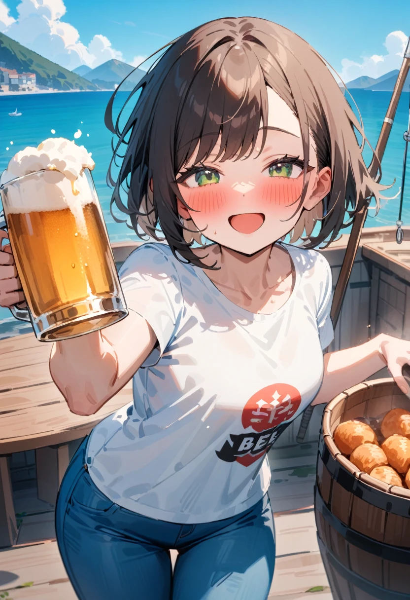 masterpiece, best quality, very aesthetic, absurdres, newest, 1girl, solo, asymmetrical bangs, tareme, blush, drunk, looking at viewer, smile, short hair, open mouth, brown hair, shirt, holding, green eyes, white shirt, short sleeves, cowboy shot, outdoors, food, sky, day, pants, cloud, cup, blue sky, ocean, denim, t-shirt, holding cup, alcohol, jeans, mug, mountain, blue pants, watercraft, beer, beer mug, boat, fishing rod