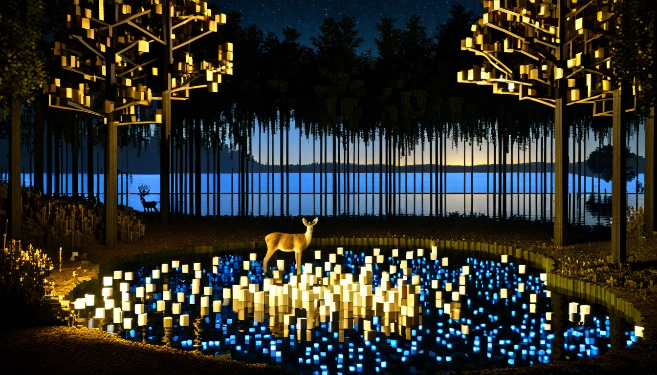 An enchanting midnight lake in a deep, secret location littered with RAL-3D cubes, Great light pours in,Baby deer watching from afar